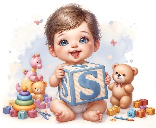 طرح آموزشی نوزاد با مکعب‌های حروف و اسباب‌بازی‌ها ویژه پوستر دیواری اتاق نوزاد، مهدکودک، مرکز بازی و چاپ روی ست خواب و سیسمونی