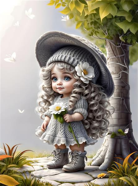پوستر دیواری رویایی دختر کوچک با لباس بافتنی و کلاه بزرگ در جنگل مناسب برای دکوراسیون اتاق خواب لوکس کودک، مهدکودک و چاپ کاغذ دیواری سه بعدی