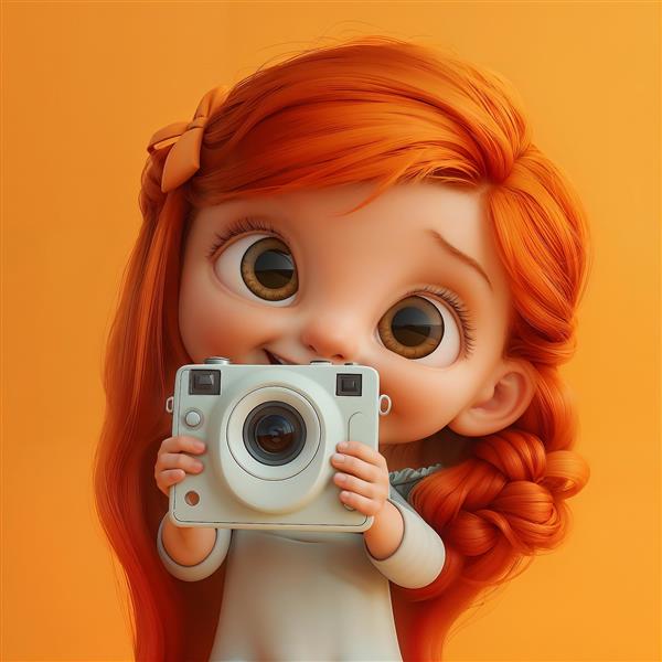 طرح فانتزی دختر مو قرمز با دوربین عکاسی مناسب برای پوستر دیواری آتلیه عکاسی کودک، دکوراسیون اتاق نوجوان و چاپ روی دفترچه و قاب گوشی