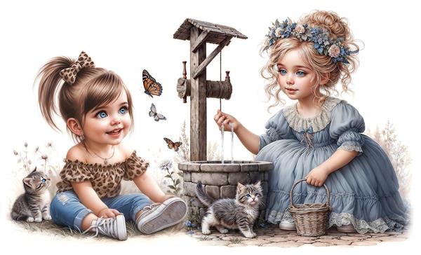 تصویرسازی نوستالژیک دختران کوچک کنار چاه آب با گربه‌های ملوس مناسب برای پوستر دیواری کلاسیک اتاق دخترانه، مهدکودک و تابلو فرش فانتزی