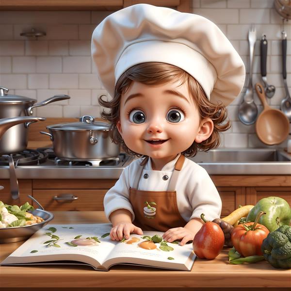 طرح سرآشپز کوچولوی بامزه در آشپزخانه برای پوستر دیواری رستوران، فست‌فود، دکوراسیون آشپزخانه منازل و چاپ روی پیش‌بند و کتاب آشپزی