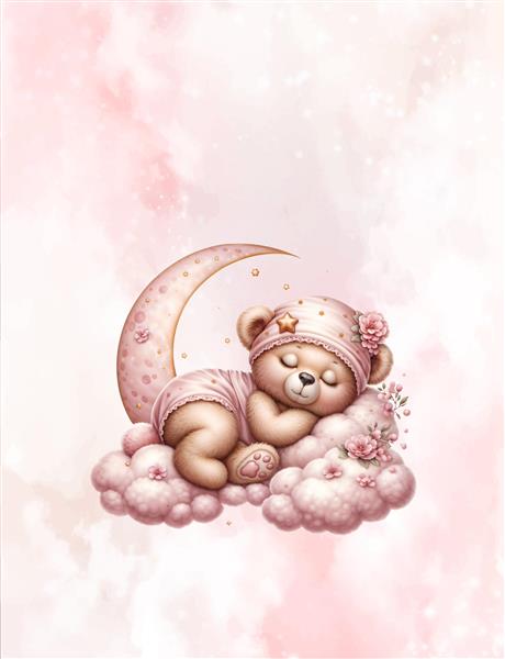 طرح عمودی کاغذ دیواری اتاق نوزاد با تم خرس روی ماه و پس‌زمینه آبرنگی صورتی ویژه چاپ پوستر دیواری یکپارچه، پرده و ست روتختی دخترانه