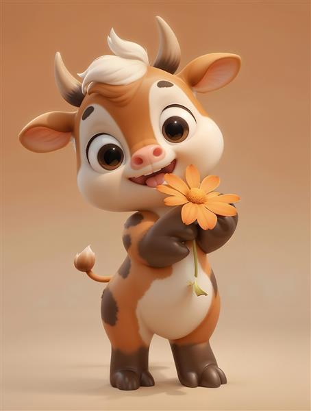 تصویرسازی سه بعدی گاو مهربان با گل آفتابگردان برای پوستر دیواری اتاق کودک، مهدکودک و چاپ روی ظروف تزئینی، لیوان و بشقاب فانتزی