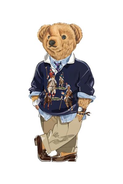 طرح گرافیکی خرس تدی با لباس برند پلو و استایل لوکس مناسب برای تابلو دکوراتیو اتاق نوجوان، چاپ روی هودی و تی‌شرت و پوستر دیواری بوتیک‌های خاص