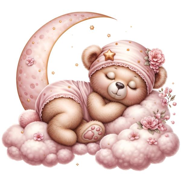 پوستر دیواری فانتزی خرس کوچولوی خوابالو روی ماه و ابرهای صورتی گل‌دار مناسب برای دکوراسیون اتاق خواب دخترانه، سرویس خواب نوزاد و کاغذ دیواری سه بعدی