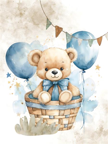 کاغذ دیواری سه بعدی اتاق پسرانه طرح خرس تدی داخل سبد با بادکنک‌های آبی ویژه چاپ پوستر دیواری، کوسن و تابلوهای دکوراتیو مهدکودک و اتاق نوزاد