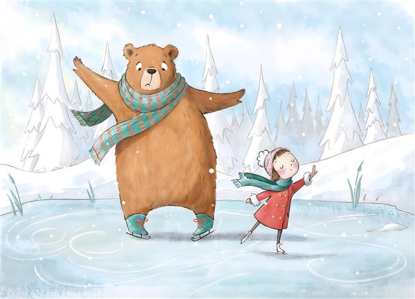 طرح تصویرسازی خرس و دختر بچه در حال اسکیت روی یخ در زمستان برفی مناسب چاپ روی پرده، فرش فانتزی و پوستر دیواری اتاق خواب کودک و سالن‌های ورزشی تفریحی