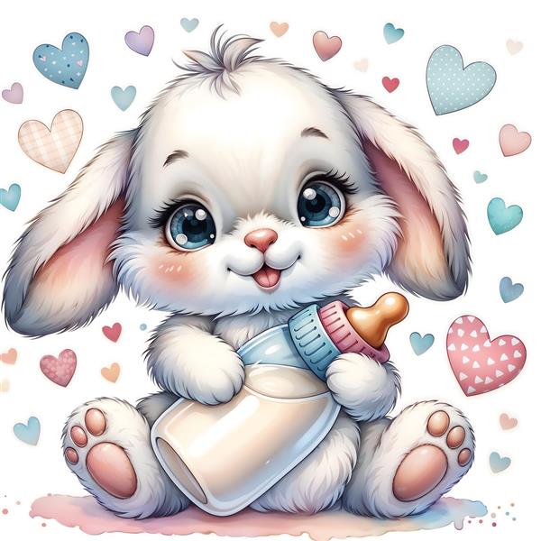 طرح گرافیکی خرگوش سفید با شیشه شیر و قلب‌های رنگی مناسب چاپ روی سیسمونی و پوستر اتاق نوزاد