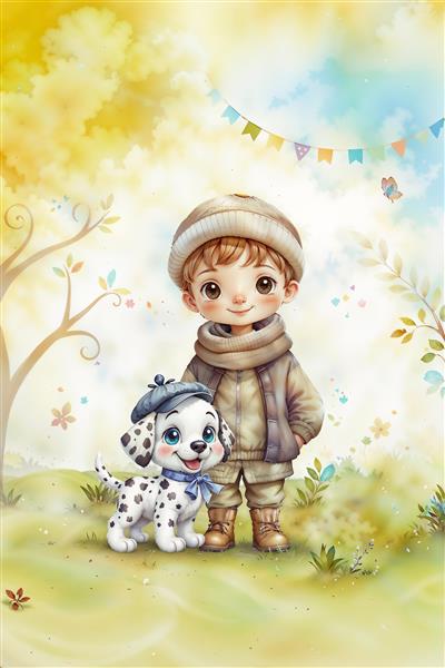 طرح پسر مهربان و سگ دالماسین در طبیعت بهاری برای پوستر دیواری اتاق کودک و تابلوی مهدکودک