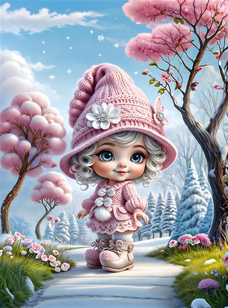 طرح دخترک برفی با لباس بافتنی صورتی در جنگل سپید مناسب پوستر دیواری و تابلوی دکوراتیو زمستانی