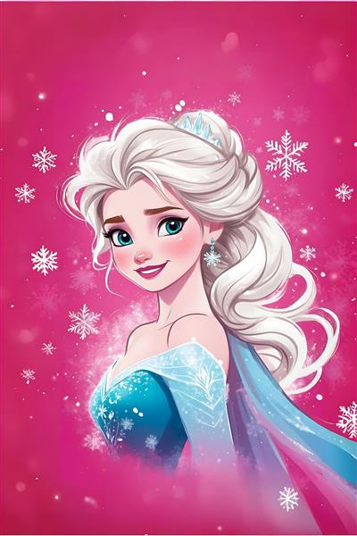 پوستر دیواری السا ملکه یخی با پس‌زمینه صورتی و دانه‌های برف مناسب دکوراسیون اتاق خواب دخترانه