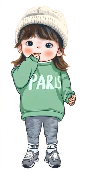 کاراکتر دختر مدرن با لباس سبز و کلاه بافتنی طرح پاریس برای چاپ روی تیشرت، ماگ و دفترچه یادداشت