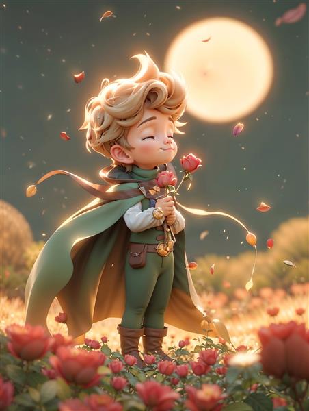 پوستر دیواری طرح شازده کوچولو در گلستان رز زیر نور ماه مناسب اتاق خواب و دکوراسیون رمانتیک