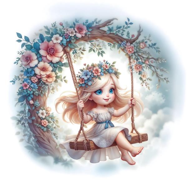 تصویر فانتزی فرشته کوچک روی تاب گل‌گلی در میان ابرها برای چاپ پرده تصویری و پوستر دیواری سه بعدی