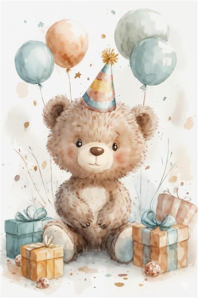 طرح خرس تدی مهربان با کلاه تولد و هدیه به سبک آبرنگ برای پوستر دیواری نوزاد و ست سیسمونی