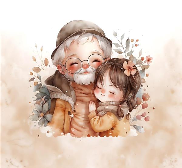 نقاشی آبرنگی صمیمانه پدربزرگ و نوه با تم پاییزی برای تابلو دکوراتیو، کوسن و چاپ روی لیوان