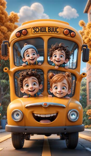 پوستر سه بعدی اتوبوس مدرسه فانتزی با شخصیت‌های کارتونی شاد ویژه دکور مهدکودک و اتاق بازی کودکان
