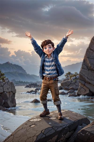 تصویر پسر ماجراجو روی صخره‌های ساحلی هنگام غروب مناسب برای پوستر دیواری اتاق نوجوان و فضاهای ورزشی