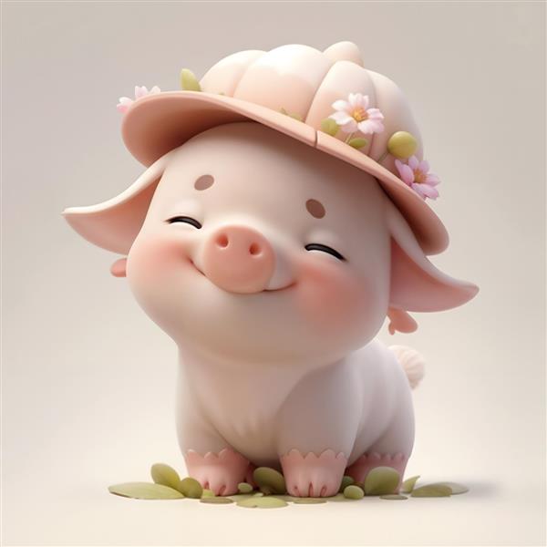 کاراکتر سه بعدی خوک کوچولوی خندان با کلاه گل‌دار ویژه چاپ روی وسایل سیسمونی و پوستر دیواری اتاق نوزاد