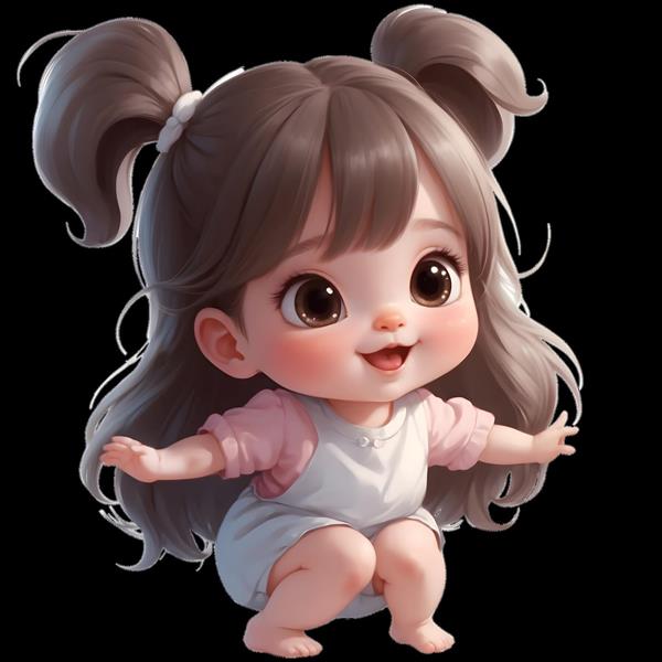 کاراکتر دختربچه خندان با موهای خرگوشی مناسب برای چاپ روی استیکر دیواری، روتختی و دکوراسیون اتاق نوزاد