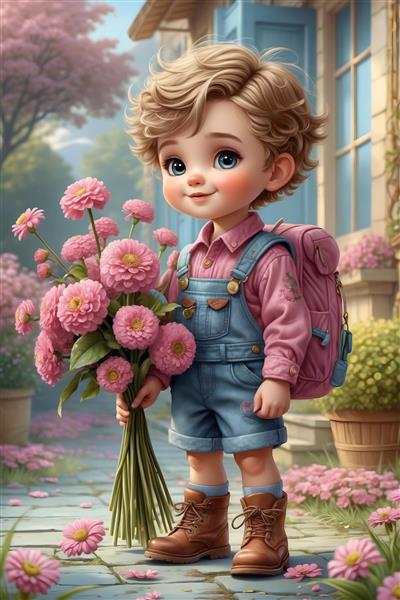 طرح نوستالژیک پسر موفرفری با دسته گل داوودی صورتی ایده آل برای پوستر دیواری کلاسیک اتاق خواب و راهرو