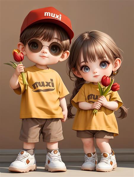 کاراکترهای فانتزی خواهر و برادر با لباس ست زرد و لاله قرمز ویژه پوستر دیواری اتاق کودک و قاب دکوراتیو