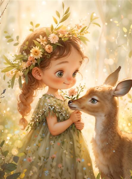 پوستر دیواری رویایی دختر کوچک و گوزن در جنگل با تاج گل مناسب برای دکوراسیون اتاق خواب و فضای مهدکودک