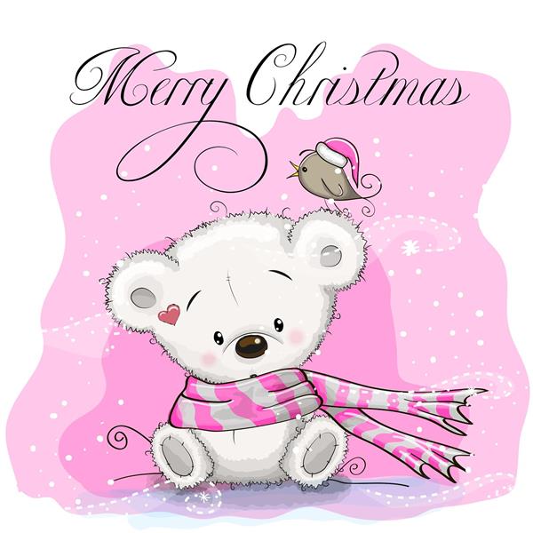 طرح فانتزی خرس قطبی کریسمس با شال‌گردن صورتی مناسب چاپ روی کارت تبریک، ماگ و پوستر دیواری اتاق نوزاد