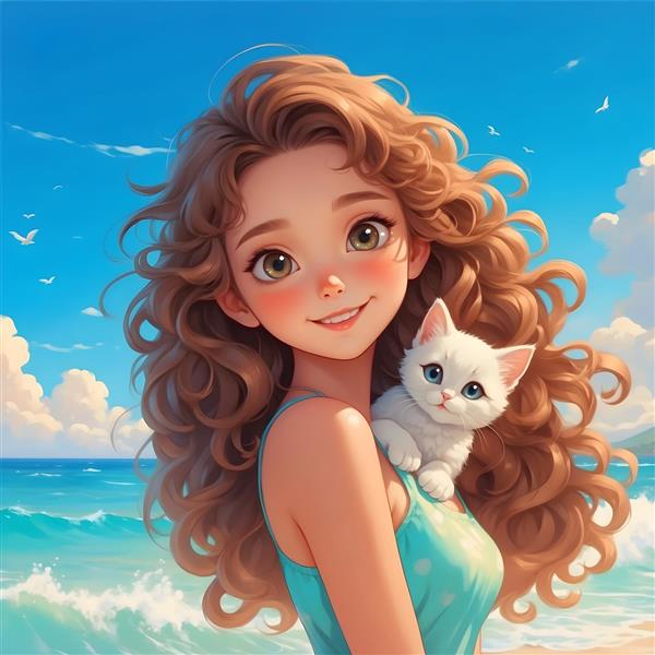 تصویر گرافیکی دختر مو فرفری و گربه سفید در ساحل مناسب برای تابلو دکوراتیور پذیرایی و پوستر دیواری ویلا