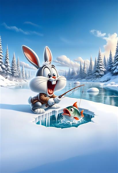 تصویر کارتونی باگز بانی در حال ماهیگیری در زمستان مناسب برای پوستر دیواری اتاق کودک و محیط‌های تفریحی