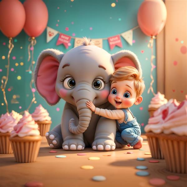 طرح سه بعدی فیل کوچولو و پسر بچه مهربان در جشن تولد ویژه پوستر دیواری اتاق نوزاد و چاپ روی روتختی و کوسن