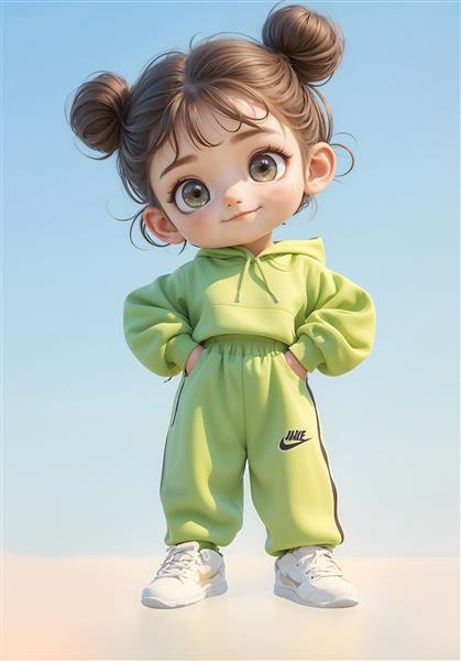 کاراکتر دختربچه با لباس ورزشی نایکی سبز مغزپسته‌ای ایده آل برای پوستر دیواری اتاق کودک و نوزاد و دکوراسیون مهدکودک