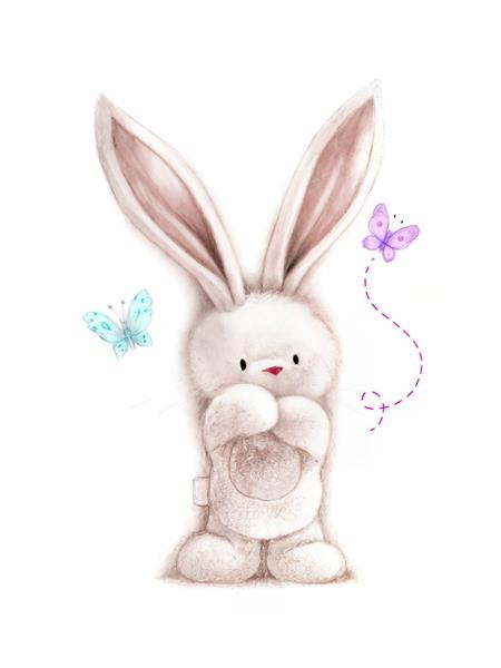 خرگوش عروسکی با گوش‌های بلند و پروانه‌های رنگی مناسب برای استیکر دیواری، پوستر و تزیینات کمد کودک