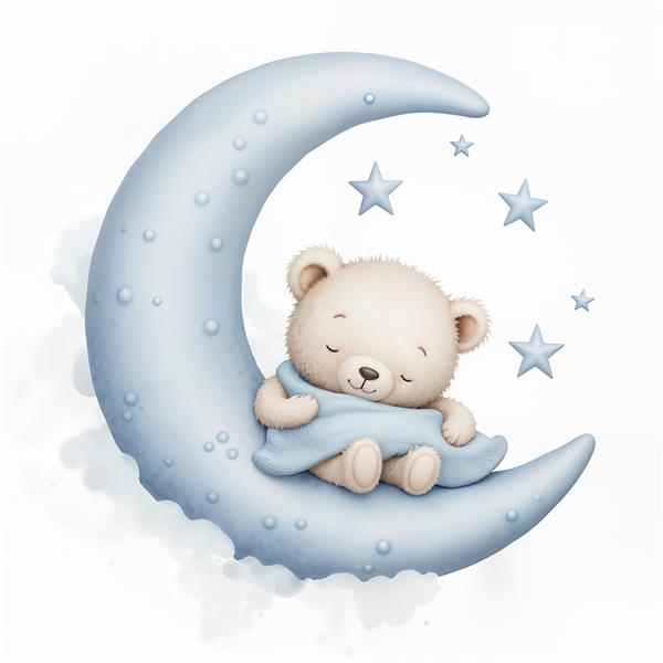 تدی بر مهربان در حال استراحت روی ماه آبی ایده آل برای پوستر دیواری اتاق نوزاد و چاپ روی پتو و حوله