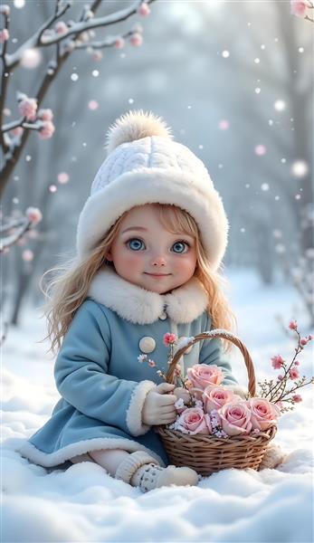 دخترک زمستانی با سبد گل‌های رز صورتی ویژه پوستر دیواری پذیرایی لوکس، ویلا و تزیینات سالن‌های زیبایی