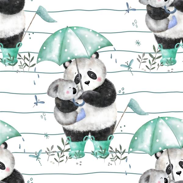 پترن پاندا و کوالا با چتر زیر باران مناسب برای کاغذ دیواری سرتاسری مهدکودک، اتاق بازی و چاپ پارچه