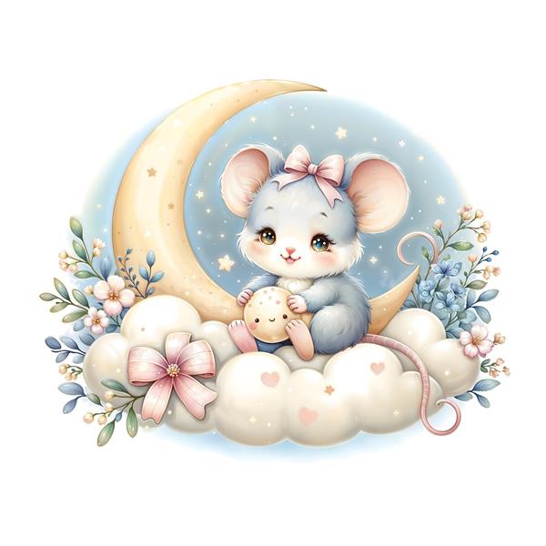 موش کوچولوی ناز نشسته روی ماه و ابرها با طرح گلگلی مناسب برای پوستر دیواری ملایم و اکسسوری‌های نوزاد