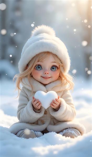 دختر کوچولوی چشم آبی با قلب برفی در زمستان ایده آل برای تابلو دکوراتیو هال و پذیرایی و پوستر دیواری فانتزی