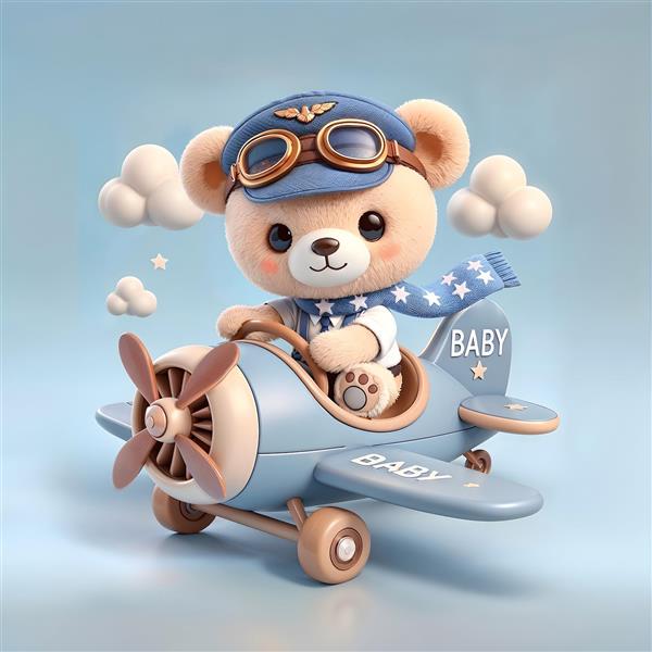 خرس خلبان با هواپیمای آبی در آسمان ابری ویژه پوستر دیواری اتاق پسرانه، چاپ روی پرده و سرویس خواب