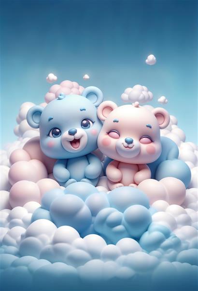 خرس‌های پاستلی آبی و صورتی روی ابرهای رنگی مناسب برای پوستر دیواری سه بعدی اتاق دوقلوها و تزیین مهدکودک