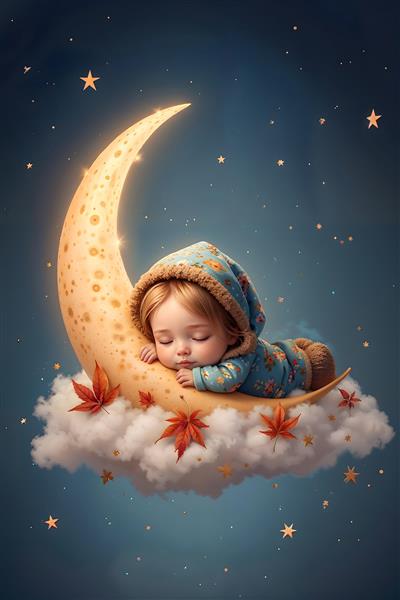 نوزاد خوابیده روی ماه در میان ابرها و ستاره‌ها ایده آل برای پوستر دیواری اتاق خواب نوزاد و روتختی سیسمونی
