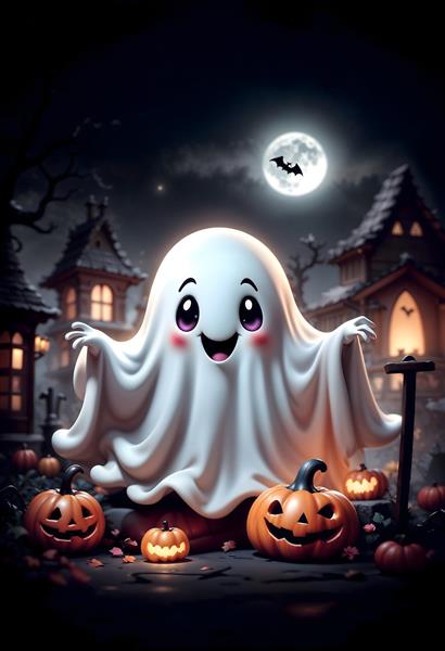 منظره فانتزی هالووین با روح مهربان و کدو تنبل مناسب پوستر دیواری تم پارک، مهدکودک و دکور آتلیه