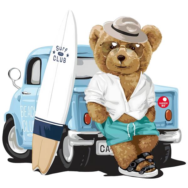 طرح تدی بر موج سوار با ماشین کلاسیک آبی مناسب برای کاغذ دیواری سه بعدی اتاق کودک و تم ساحلی