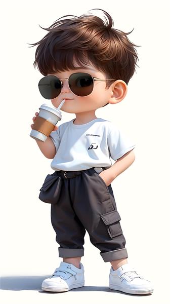 کاراکتر پسر بچه خوشتیپ با عینک آفتابی و قهوه برای پوستر دیواری فانتزی، استیکر و تزیینات کافی شاپ