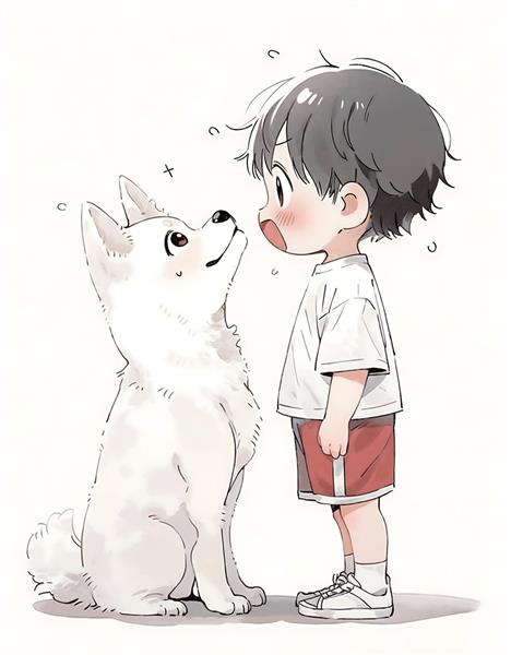 نقاشی خطی و مینیمال پسر بچه و سگ وفادار ویژه چاپ روی دفترچه، ماگ و پوستر دیواری مدرن اتاق پسرانه