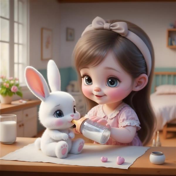 تصویر فانتزی دختر کوچولو در حال شیر دادن به خرگوش سفید ایده آل برای تابلو دکوراتیو و پوستر دیواری اتاق خواب دخترانه