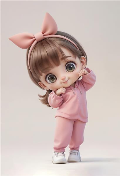 دختر بچه کارتونی با لباس صورتی و پاپیون بزرگ مناسب برای پوستر دیواری اتاق کودک و روتختی ست نوزاد