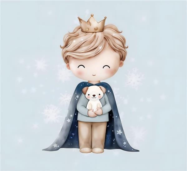 تصویر شازده کوچولوی مدرن با سگ کوچولو و شنل آبی ویژه پوستر دیواری اتاق پسرانه، مهدکودک و چاپ روی دفترچه یادداشت فانتزی