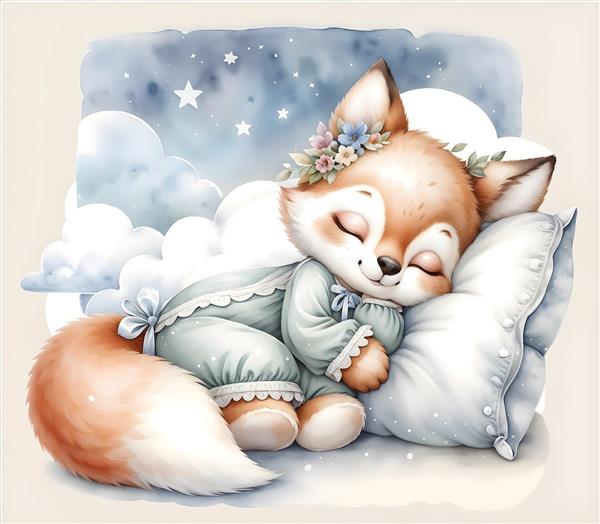 طرح رویایی روباه کوچولو در حال خواب روی ابر برای چاپ پوستر دیواری سه بعدی اتاق نوزاد، سیسمونی و تابلوی دکوراتیو ملایم