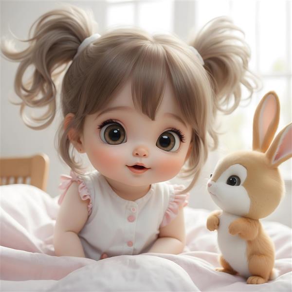 تابلوی دکوراتیو کودکانه با طرح دختر کوچولوی مهربان و خرگوش برای تزیین اتاق نوزاد و مهدکودک به صورت پوستر دیواری یا کاغذ دیواری